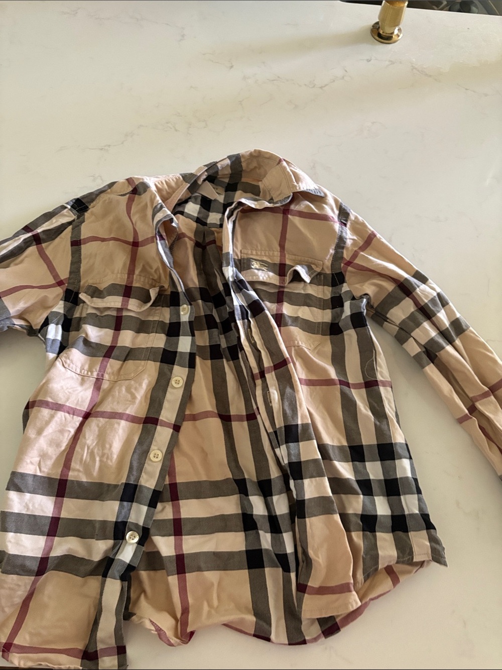 Burberry Beige Plaid Button-Up Shirt with Black and Red Stripes